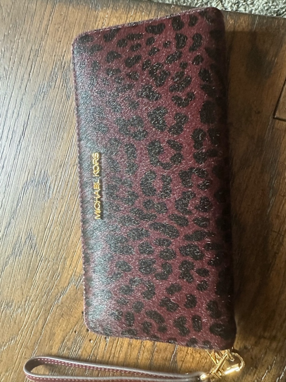 Michael Kors Burgundy Leopard Print Wristlet Wallet with Gold Logo